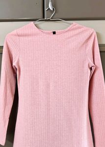 Pink Ribbed Long Sleeve Mini Dress