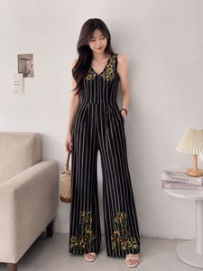 Striped Jumpsuit with Floral Embroidery