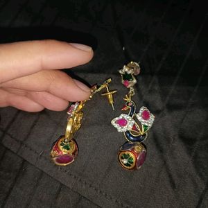 Peacock Golden Earrings Blue Red Green Gemstones