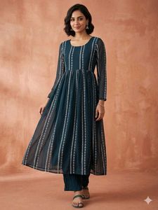 Elegant Teal Striped Kurta with Pants