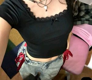 Pinterety Black Lace Trim Baby Tee 🖤🐰