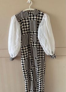 Houndstooth Midi Dress with Sheer Sleeves