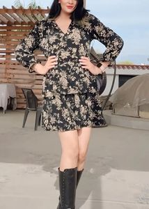 Mango Dress Black Floral Tiered Surplice Neck E