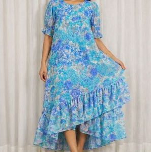 Blue Floral Midi Dress with Ruffles