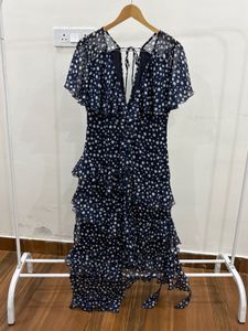 Navy Blue Polka Dot Ruffle detailing Maxi Dress