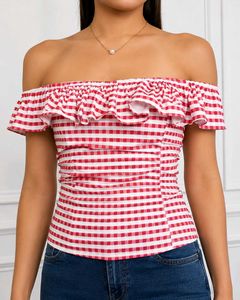 Red Gingham Off-Shoulder Ruffle Top