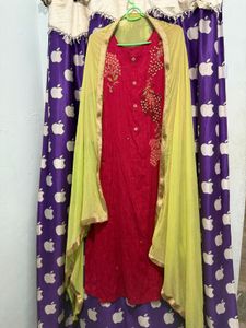 Vibrant Red green Kurta Set with Dupatta