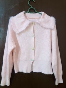 Cute Pink Cardigan w/ Faux Fur Collar