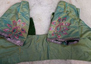 Olive Green Silk Saree with Peacock Motif