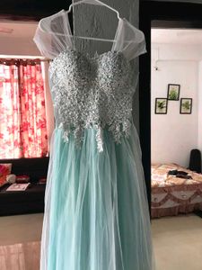Elegant Teal & White Lace Gown