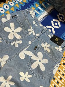 Blue Floral Wide Leg Jeans