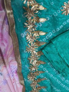 Green Bandhani Kurta Set with Golden Embroidery