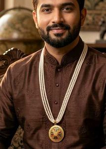 Men's Faux Pearl Necklace with Gold Plated Pendant