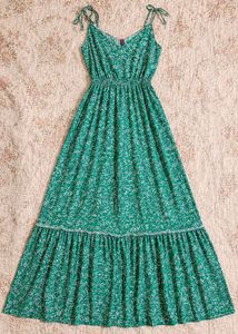 Green Leaf Print Maxi Dress