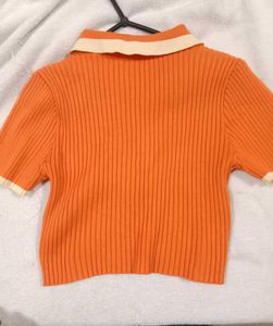 Orange Ribbed Polo Crop Top