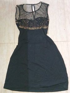 Black Embellished Sheer Neck Dress