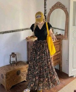 Black Cowl Neck Top & Floral Tiered Maxi Skirt