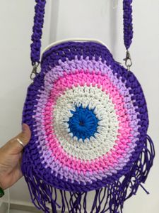 Handmade Crocheted Evil Eye Round Bag per peice on