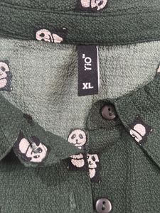 Green Panda Print Button-Up Shirt