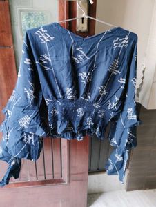 Blue Graphic Print Ruffle Sleeve Top