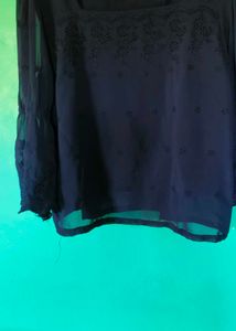 Dark Blue Embroidered Bell Sleeve Blouse