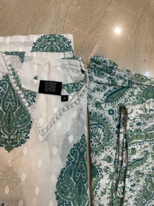 White Kurta Set with Green Paisley Print