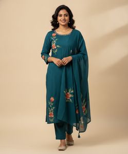 Teal Kurta Set with Floral Painting