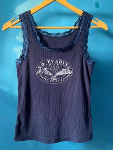 Navy Blue Lace Trim Tank Top