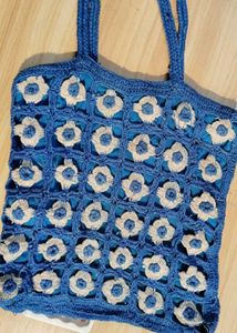 Crocheted Blue Floral Tote Bag