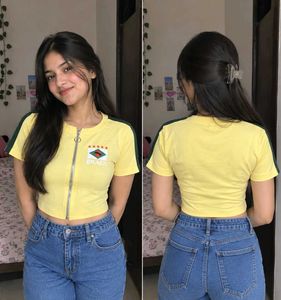 combo of tops Yellow Brazil Flag Zip Crop Top and
