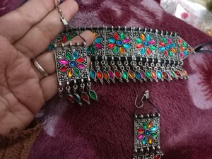 Oxidised Silver Multicolour Jwellery Set