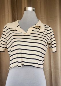 Striped Polo Neck Cropped Top