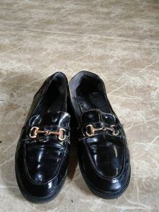 Black Patent Loafers with Gold Buckle