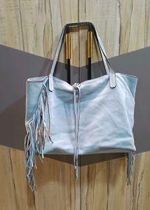 Light Blue Suede Fringe Tote Bag
