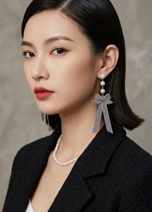 New  Pearl &amp; Gingham Bow Dangle Earrings