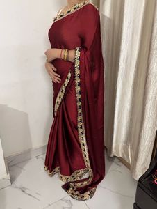 Elegant Maroon &amp; Navy Embroidered Saree