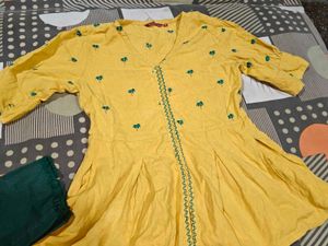 Yellow Kurta Set with Green Pants