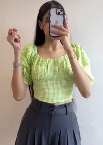 Lime Green Gingham Crop Top