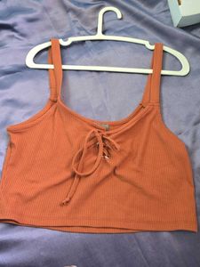 Flash Sale_Orange Ribbed Lace-Up Crop Top