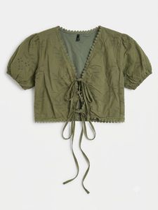 Olive Green Eyelet Lace-Up Crop Top