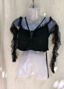 31279. Chic Black Mesh Off-Shoulder Crop Top