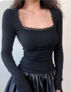 Black Lace Trim Square Neck Top