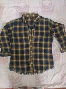 Plaid Button-Up Shirt with Frayed Hem