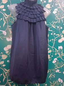 Chic Navy Ruffle Neck Sleeveless Top