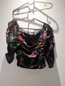 Sheer Floral Puff Sleeve Crop Top