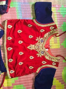 Red Velvet Blouse with Blue Sleeves
