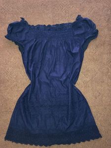 Navy Blue Embroidered Smocked Dress