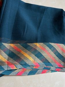 Beautiful Teal Saree with Striped Border