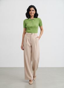 Beige Wide Leg Pants & Green Ribbed Polo Top