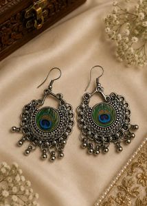 Peacock Feather Oxidized Jhumka Earrings
